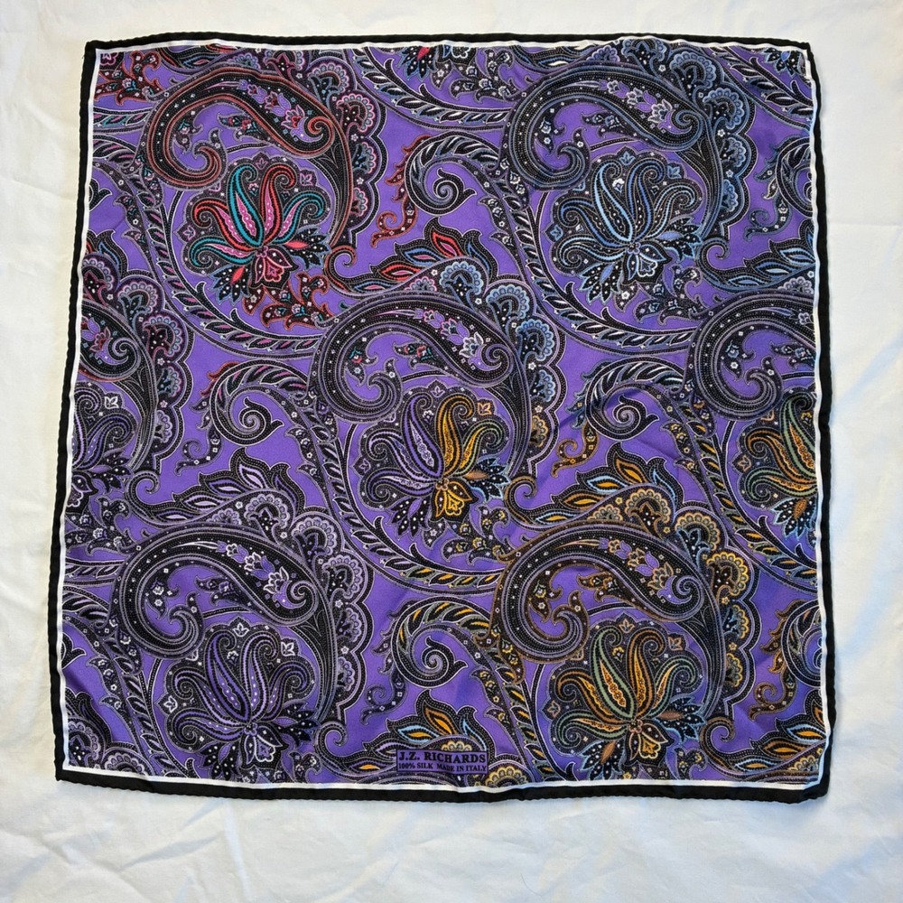 JZ Richards Purple Paisley Silk Pocket Square Made in Italy NWT Hand Rolled